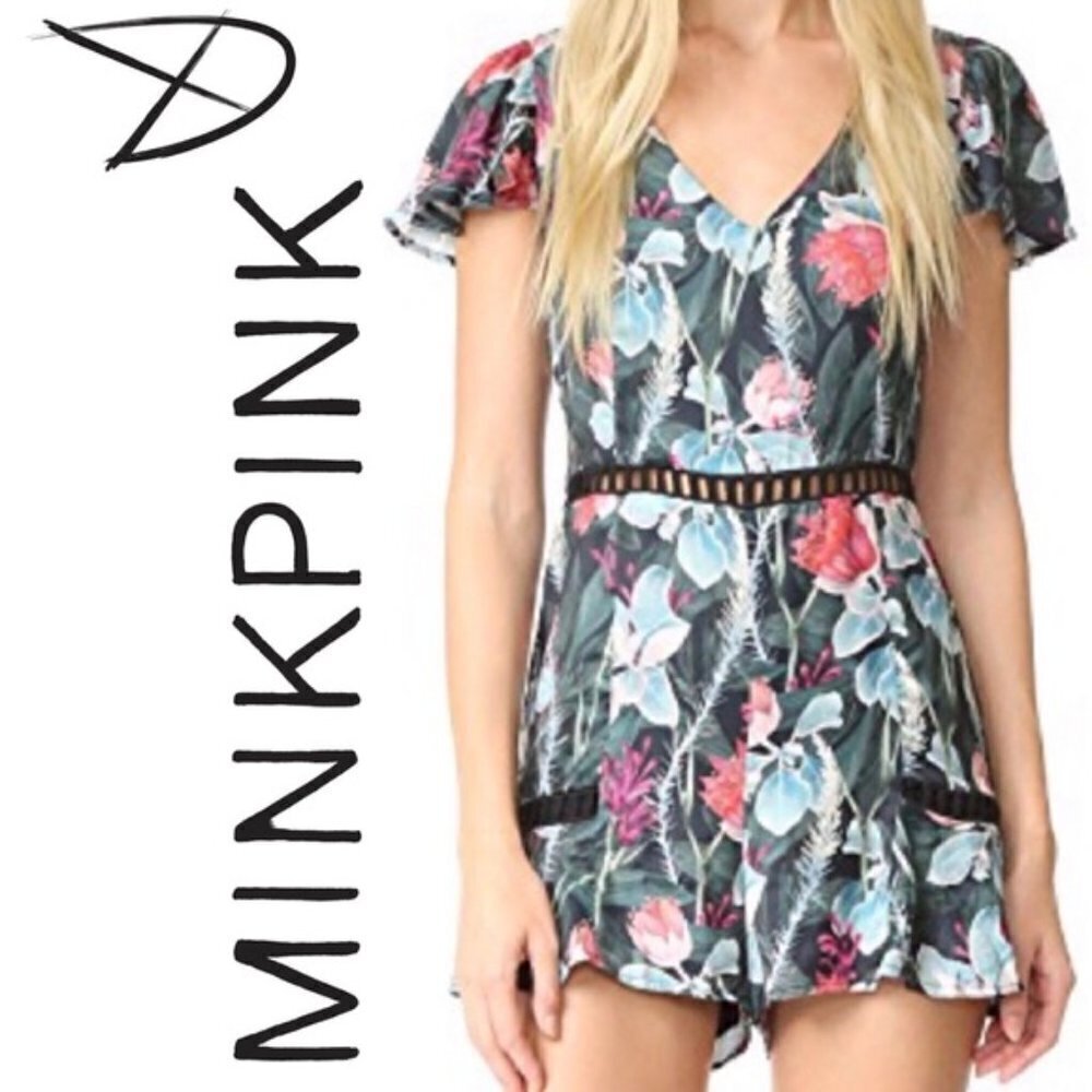 MinkPink romper jumpsuit with cutouts - floral green - size XS